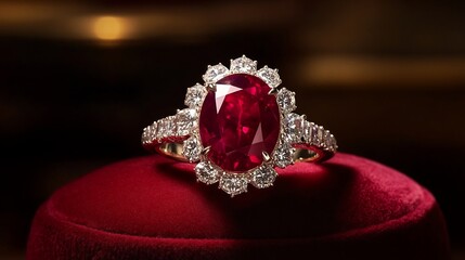 Royal inspired ring with a large ruby gemstone in the center framed by smaller diamonds giving an air of luxury displayed on a deep red velvet cushion in soft lighting