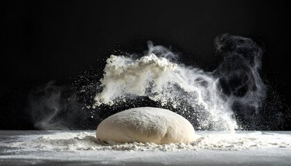 Fresh Bread Dough with Dramatic Flour Dust Cloud on Black Background