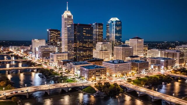 Aerial view of Columbus Ohio at dusk showcasing downtown skyscrapers, bridges, and reflecting river lights