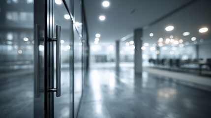 Sharp glass door edge in minimalist office with blurred background and bokeh lights