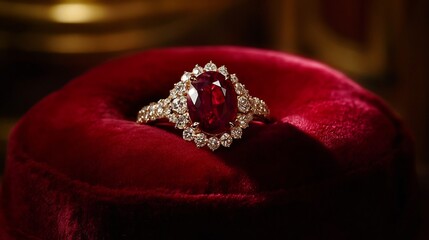 Royal inspired ring with a large ruby gemstone in the center framed by smaller diamonds giving an air of luxury displayed on a deep red velvet cushion in soft lighting