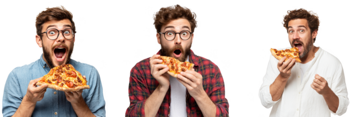 Excited men eating pizza slices with funny expressions isolated on transparent background png