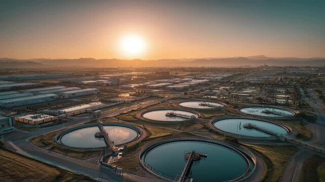 Aerial view of wastewater treatment plant settling tanks at sunset with industrial area and mountains in background, 4k video