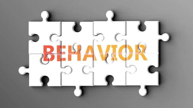 Behavior being a complex topic - puzzle pieces with word behavior coming together to make a whole. Behavior made of many fitting parts, a compound subject.