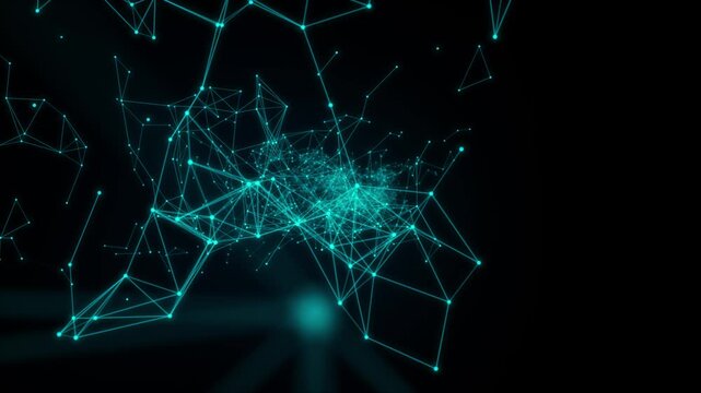 Glowing cyan digital network connections abstract background futuristic technology science data visualization communication concept glowing particles and lines forming complex web structure in dark