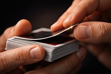 Expert hands expertly manipulating playing cards in a dynamic display of skillful cardistry illuminated by soft lighting to enhance texture and depth