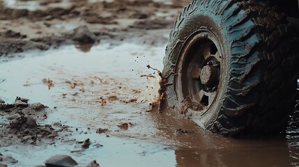 Rugged all terrain vehicle wheel partially submerged in muddy water with dirt and splashes around it emphasizing durability and resilience for off road exploration