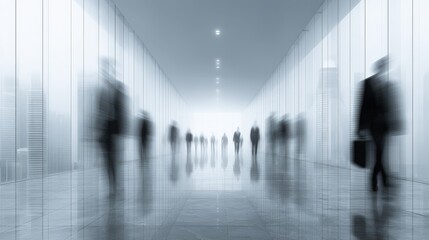 Motion blur of business people walking in modern office corridor with reflective floor