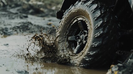 Rugged all terrain vehicle wheel partially submerged in muddy water with dirt and splashes around it emphasizing durability and resilience for off road exploration