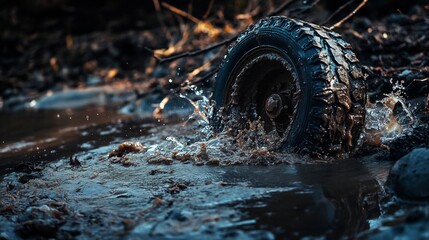 Rugged all terrain vehicle wheel partially submerged in muddy water with dirt and splashes around it emphasizing durability and resilience for off road exploration