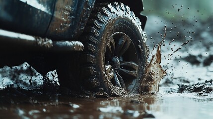 Rugged all terrain vehicle wheel partially submerged in muddy water with dirt and splashes around it emphasizing durability and resilience for off road exploration