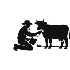 Veterinarian Examining Cow Silhouette Vector Illustration