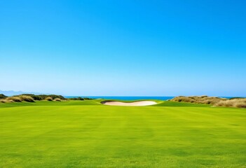 Obraz premium Lush green fairway stretching toward a distant sand trap under a clear blue sky, with a pristine putting green in the foreground, putting green, peaceful