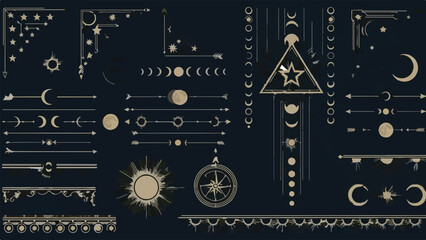Vintage Mystical Celestial Borders and Dividers Vector Collection with Sun, Moon Phases, and Esoteric Symbols isolated PNG with Transparent Background © Allah k hwaly