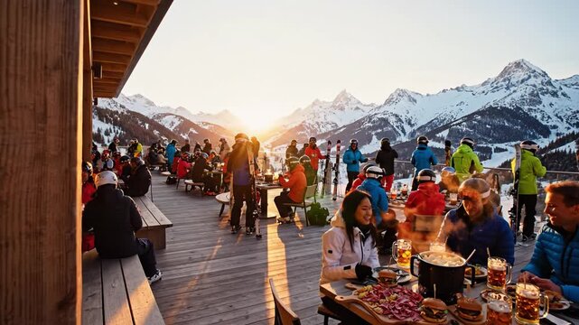 Happy friends eat fondue and drink beer on a wooden terrace at a ski resort during sunset. The scene captures the joy of winter holidays and is perfect for travel advertisements.