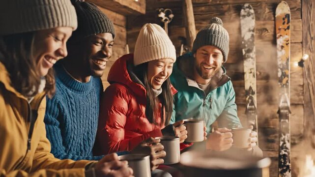 Happy diverse friends sit in a wooden cabin drinking hot tea and laughing. The scene evokes warmth, friendship and winter comfort. Perfect for travel, lifestyle and holiday concepts.