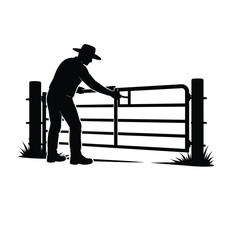Silhouette of cowboy opening metal gate