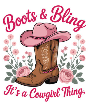 Cowgirl Boots Bling Pink Hat Floral Western Illustration T-shirt Design
