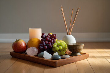 Fresh fruit tray beside zen-inspired meditation altar with incense crystals and candlelight in minimalist serene interior promoting intentional living
