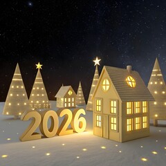 Fototapeta premium A cozy Christmas night city with snowy houses under the moonlight