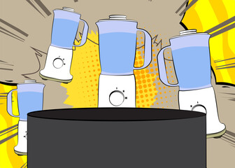 Comic Book Product podium stage for mockup presentation with Food Blender. Retro comics background.
