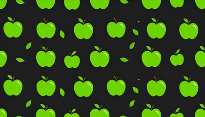 Animated repeating pattern featuring bright green apples and leaves, set against a dark grey background