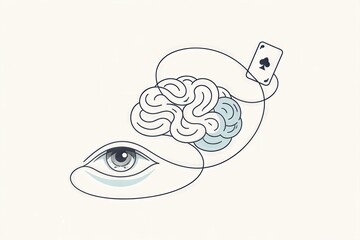 Conceptual illustration combining a human eye and brain with a playing card representing cognitive processes and perception in a surreal aesthetic conveying insight and imagination