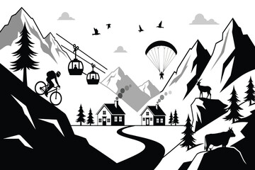 a picturesque monochrome illustration depicts a mountainous landscape with outdoor activities including paragliding cycling and skiing high quality professional © ARSM D
