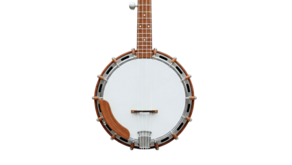 Close-up view of a banjo on a white background