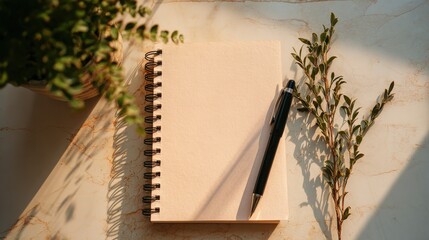 Blank spiral notebook rests beside a dark writing instrument and sprigs of greenery on a sunlit surface
