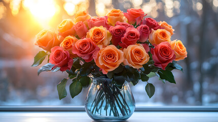 A glass vase filled with a beautiful bouquet of roses, placed on a windowsill. The roses are in full bloom, showcasing vibrant colors like red, pink, and white
