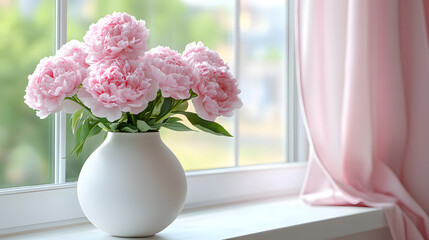 fresh pink and white peonies flowers in a vase on a windowsill with soft sunlight creating a peaceful natural backdrop perfect for product display presentations or home interior floral decor
