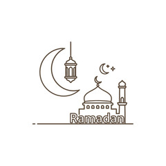 Fototapeta premium Ramadan Islamic Symbols: Mosque, Crescent Moon, Lantern, Stars, Line Art