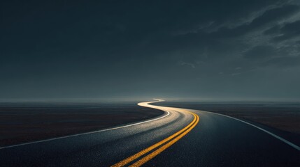 Fototapeta premium Serene Curved Road Under Dramatic Sky During a Gloomy Evening