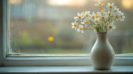Daisies in speckled vase on wood, against soft, blurred green background. Serene