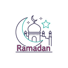 Fototapeta premium Ramadan Kareem Islamic Mosque Crescent Moon Star Line Art Icon