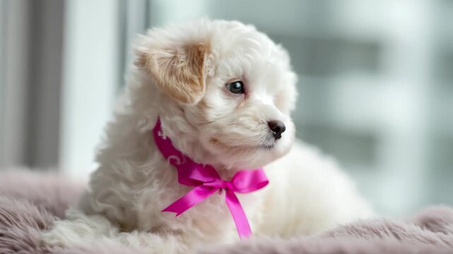 Adorable white fluffy puppy with pink bow resting on soft fur, 4k video