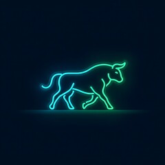 Obraz premium Minimal neon bull icon, glowing blue and green outline, clean dark background,
