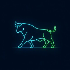 Fototapeta premium Minimal neon bull icon, glowing blue and green outline, clean dark background,