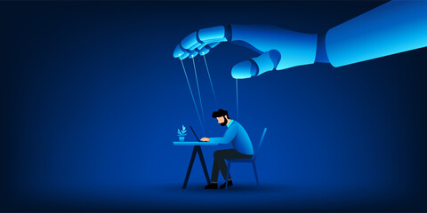 Artificial Intelligence Control Concept with Robot Hand Manipulating Human Worker, AI Power Over Humanity, Technology Domination, Ethical AI, Automation and Human Control Background