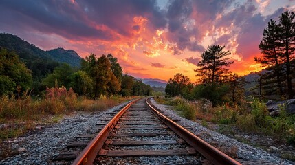 Obraz premium Scenic Straight Railroad Track at Colorful Sunset Journey Landscape View
