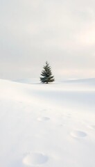Powdery snow drifts form gentle dunes under a pale winter sky, a solitary evergreen stands sentinel,  cold expanse,  frozen