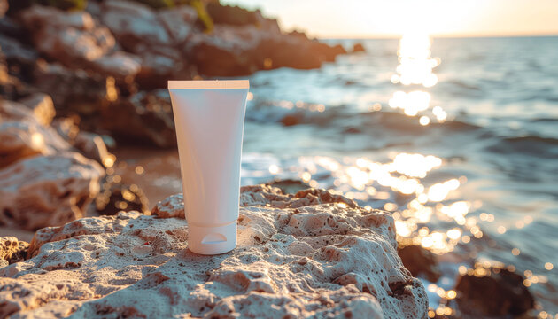 Sunscreen tube on rocky coastline at sunset - Powered by Adobe