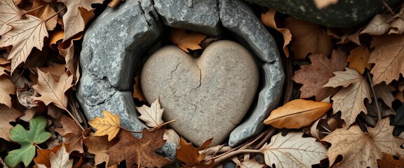 Rough-hewn stone heart nestled amongst dry leaves, capturing earthy romance and timeless connection,  romance,  simple