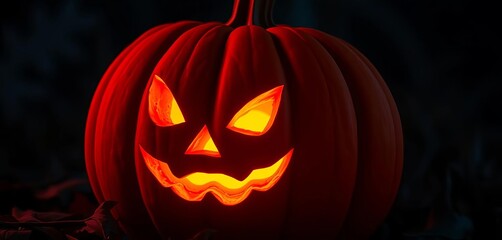 Pumpkin with a carved, glowing jack-o'-lantern face in the dark,  spooky,  creepy