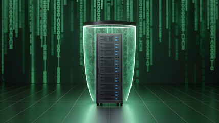 Cinematic Server Tower with Neon Green Aura in Dark Cyberpunk Data Center Environment