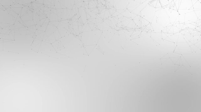 Abstract network structure with connected dots and lines forming a digital web pattern on a clean grey gradient background representing data science technology and global connectivity concepts