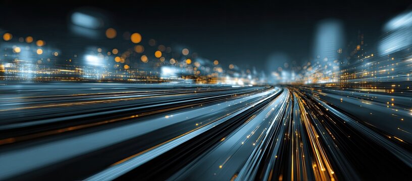 An abstract image showing long exposure light trails, blurring into a city skyline with bokeh lights