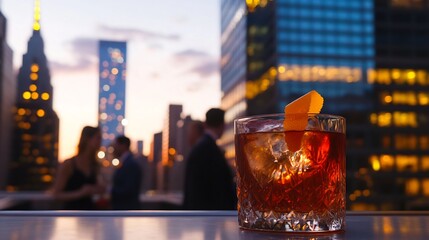 Rooftop bar scene at dusk featuring a Manhattan cocktail with an orange twist surrounded by city skyscrapers glowing in the twilight and people mingling in fashionable attire