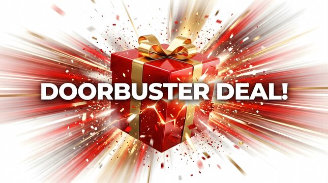 A red gift box with gold ribbon and doorbuster deal text on white background